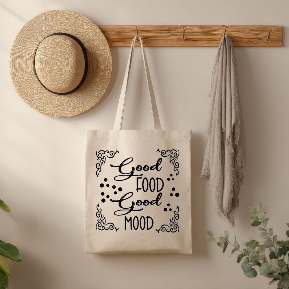 Custom Natural Canvas Tote Bag Good Food Good Mood